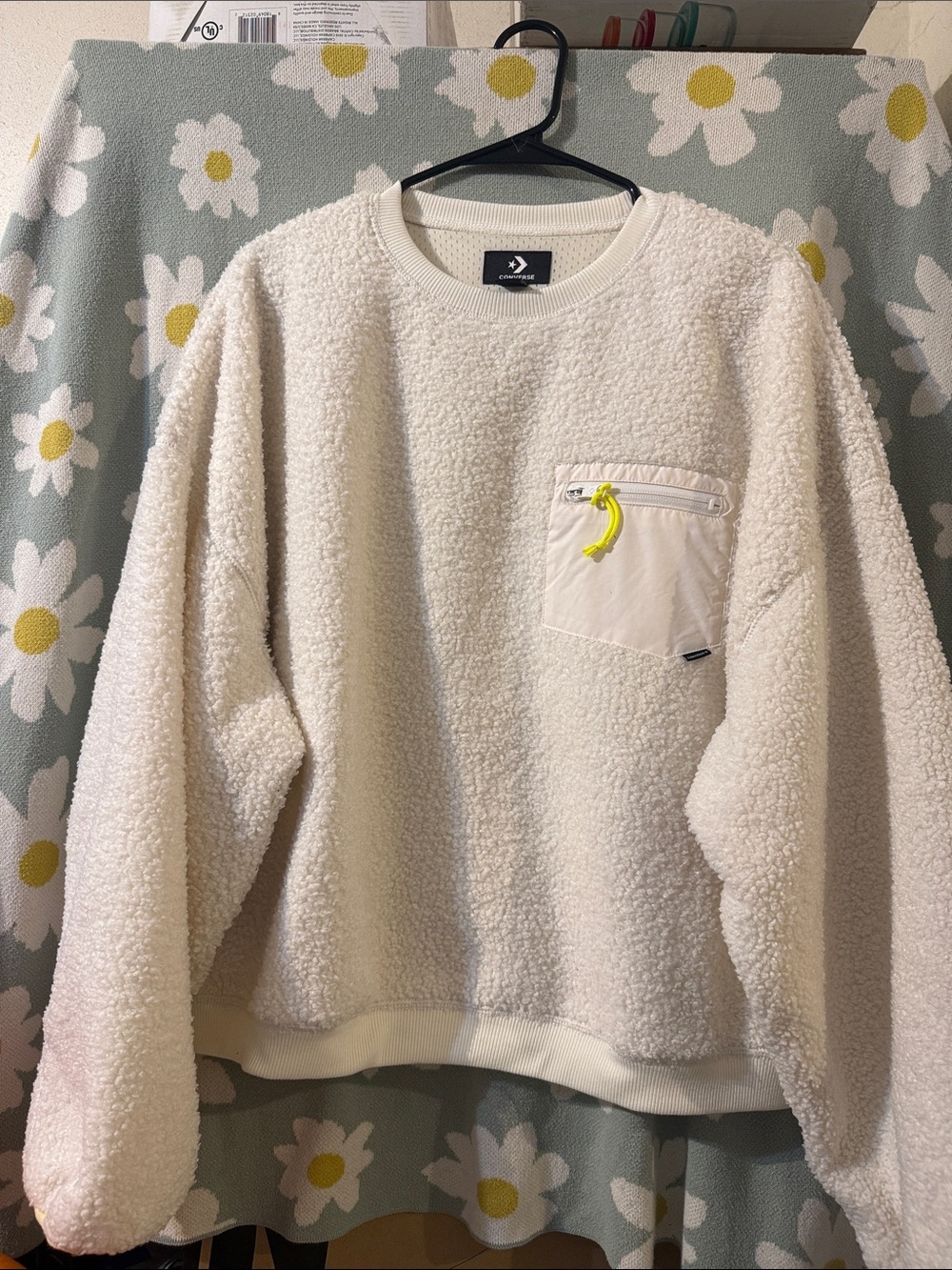 Converse Cream Sherpa Sweatshirt with Neon Yellow Zip Pull